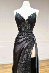 Black Long Appliques Prom Dress with Spaghetti Straps