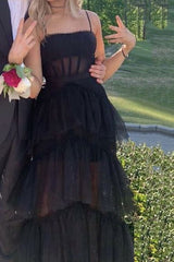 Black Prom Dress, Elegant A-line Layered Tulle Prom Dresses,Sheer Corset Long Evening Dress