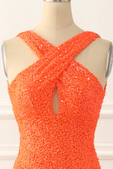Orange Halter Backless Sequins Prom Dress with Slit