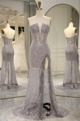Sparkly Grey Strapless Long Mermaid Prom Dress With Feather And Split