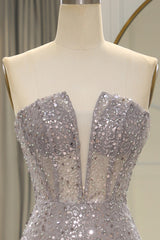 Sparkly Grey Strapless Long Mermaid Prom Dress With Feather And Split