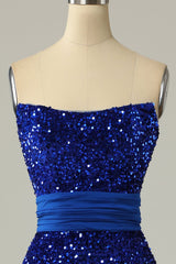 A Line Strapless Royal Blue Sequins Long Prom Dress with Split Front