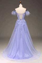 Lilac A Line Feather Off The Shoulder Long Tulle Prom Dress With Appliques