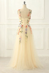 A Line Champagne Spaghetti Straps Long Tulle Prom Dress With Embroidery