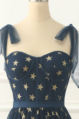 Navy Tulle A-line Midi Prom Dress with Stars