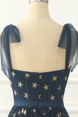 Navy Tulle A-line Midi Prom Dress with Stars