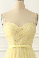Yellow Tulle Spaghetti Straps Midi Sparkly Prom Dress