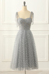 Grey Tulle A-line Midi Prom Dress with Hearts