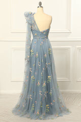 One Shoulder Tulle Blue Prom Dress with Embroidery