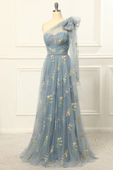 One Shoulder Tulle Blue Prom Dress with Embroidery