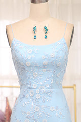 Blue Mermaid Spaghetti Straps Lace Up Long Prom Dress With Sequin