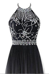 Classy Black And White Halter Lace Up Long Beaded Prom Dress