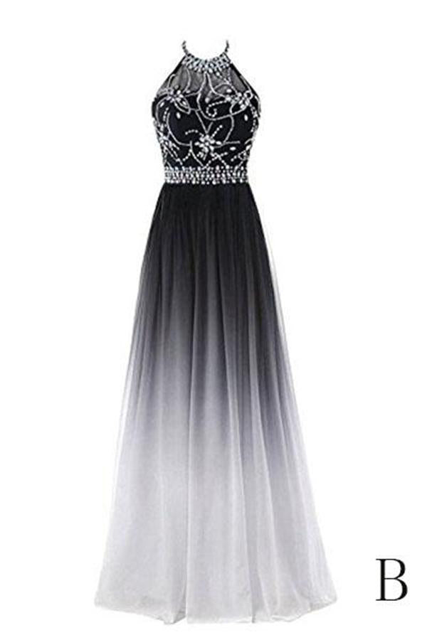 Classy Black And White Halter Lace Up Long Beaded Prom Dress