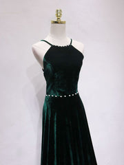 A-Line Backless Green Velvet Long Prom Dresses, Green Formal Evening Dresses