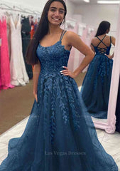 A Line Bateau Court Train Tulle Glitter Prom Dress With Appliqued Beading