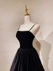 A-Line Black Velvet Floor-Length Prom Dress, Pearls Spaghetti Straps Long Party Dress
