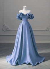 A-line Blue Satin Off Shoulder Long Evening Dress, Long Formal Dress Party Dress