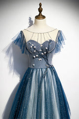 A-line Blue Tulle Long Beaded Prom Dress, A-Line Formal Evening Dress