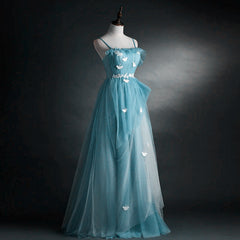 A-line Blue Tulle Straps Long Formal Dress, Blue Long Evening Dress Prom Dress