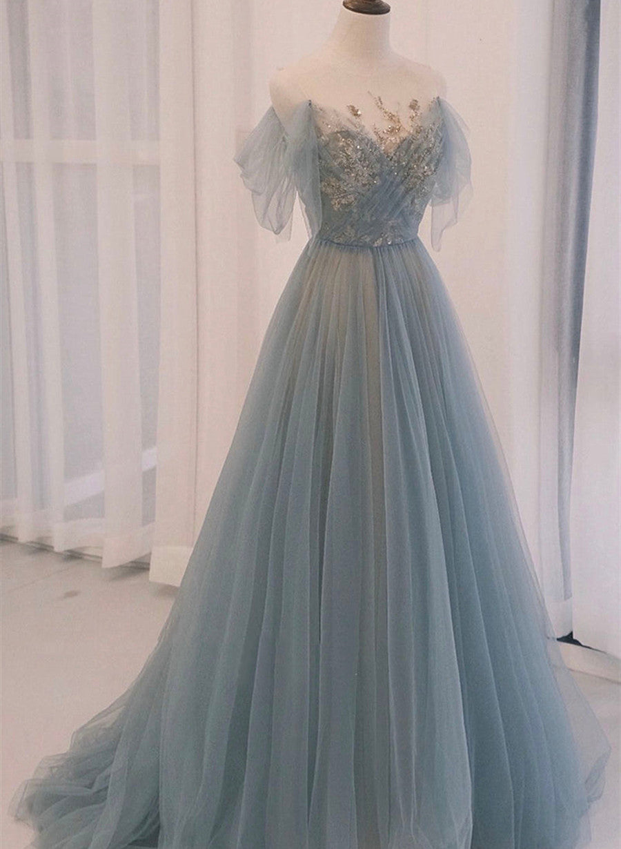 A-line Blue with Lace Applique Party Dress, Long Blue Formal Dress Prom Dress