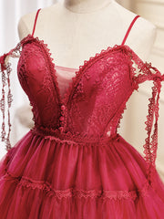 A-Line Burgundy Lace Short Prom Dress, Burgundy Puffy Homecoming Dresses