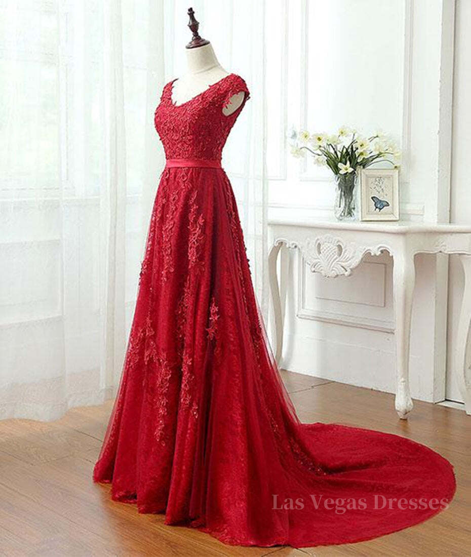 A Line Cap Sleeves Burgundy Lace Long Prom Dress with Appliques, Burgundy Formal Dress, Burgundy Evening Dress