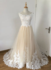 A-line Champagne with White Lace Round Neckline Party Dress, Beautiufl Wedding Party Dresses