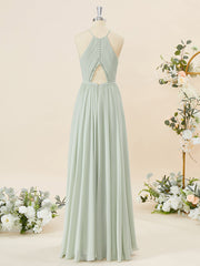 A-line Chiffon Halter Pleated Floor-Length Bridesmaid Dress