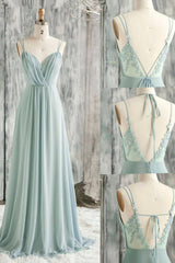 A-Line Chiffon Lace Long Prom Dress, Green Spaghetti Strap Backless Evening Dress