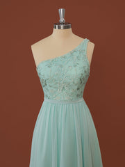 A-line Chiffon One-Shoulder Appliques Lace Floor-Length Dress