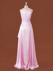 A-line Elastic Woven Satin Halter Ruffles Floor-Length Bridesmaid Dress