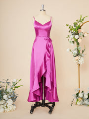 A-line Elastic Woven Satin V-neck Ruffles Asymmetrical Dress