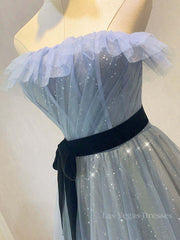 A-Line Gray Blue Tulle Long Prom Dress, Gray Blue Long Formal Dress