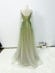 A-line Green Gradient Puffy Sleeves Tulle Long Party Dress, Green Long Prom Dress