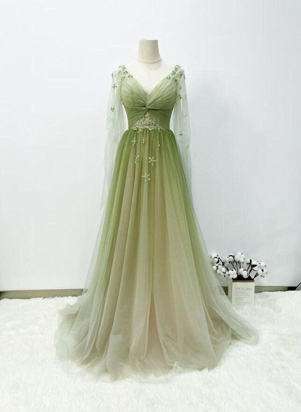 A-line Green Gradient Puffy Sleeves Tulle Long Party Dress, Green Long Prom Dress