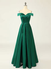 A-Line Green Off Shoulder Long Prom Dresses, Green Formal Evening Dresses