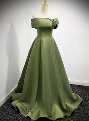 A-line Green Satin Off Shoulder Long Evening Dress, Green Floor Length Prom Dress