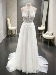 A-line Halter Appliques Lace Sweep Train Tulle Wedding Dress