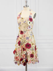 A-line Halter Flower Corset Short/Mini Lace Dress