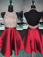 A-line Halter Sequin Short/Mini Satin Dress