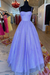 A-Line Lavender Shiny Tulle Prom Dress, Long Spaghetti Strap Evening Dress