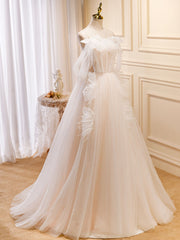A-Line Light Champagne Long Prom Dresses, Light Champagne Lace Formal Dresses
