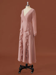 A-line Long Sleeves Chiffon V-neck Ruffles Tea-Length Bridesmaid Dress