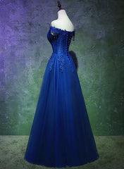 A-line Off Shoulder Blue Beaded and Lace Long Party Dress, Blue Formal Dress