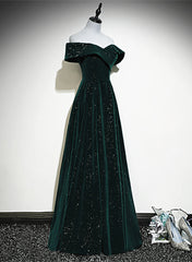 A-line Off Shoulder Green Velvet Simple Party Dress, Green Prom Dress Formal Dress