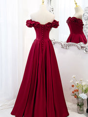 A-Line Off Shoulder Satin Burgundy Long Prom Dress, Satin Burgundy Evening Dress