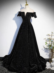 A-Line Off Shoulder Velvet Black Long Prom Dresses, Black Formal Evening Dress