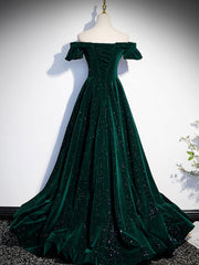 A-Line Off Shoulder Velvet Long Prom Dresses, Green Velvet Graduation Dress