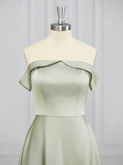 A-line Off-the-Shoulder Ruffles Tea-Length Charmeuse Bridesmaid Dress