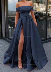 A Line Off The Shoulder Sleeveless Long Floor Length Satin Prom Dress With Split